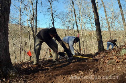 02-11-12_0710 Getting that 5% grade on the outslope (trail building talk).