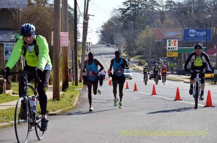 The leaders with bicycle escort.