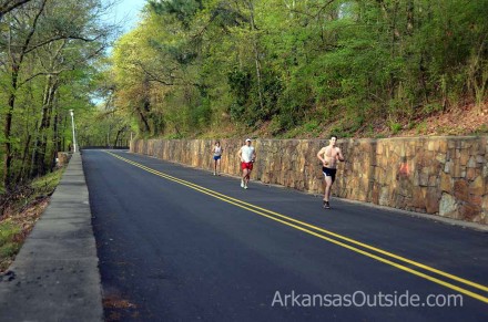 The leaders running up Fort Roots Road.