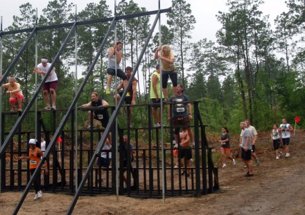 Obstacle #2, up the steps and down the pole.