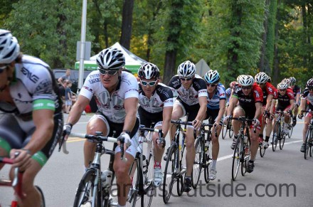 The line forms as they head toward a turn.