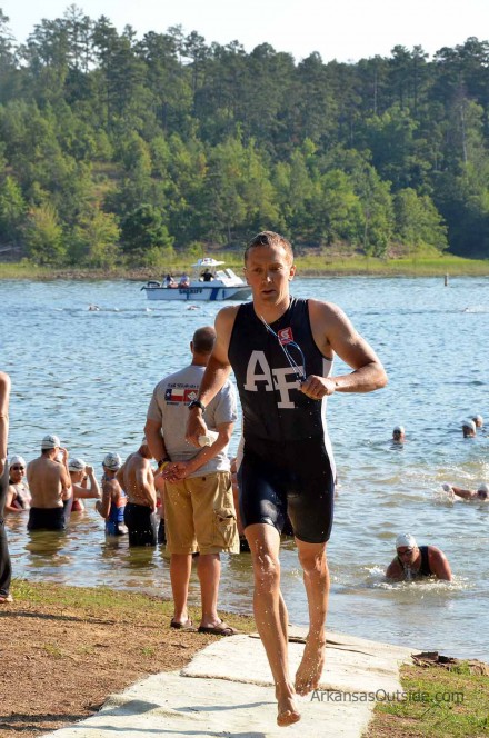 First athlete out of the water.
