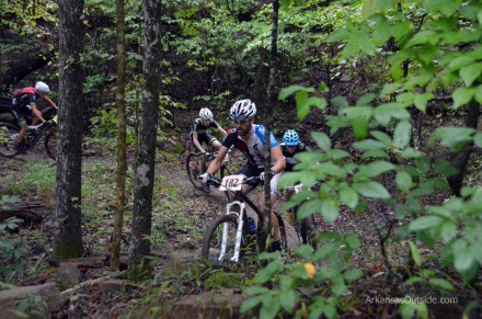 Pro mountain biking in Arkansas Categroy One and Pro riders make their way through the woods.