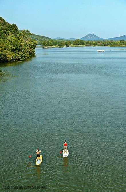 SUPThree Stand Up Paddleboarding with Pinnacle Mountain in the background.