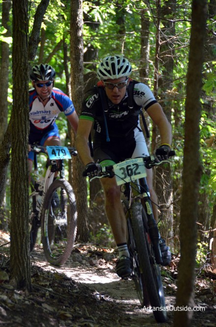 A pair of racers negotiating some tight turns.