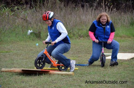 Bernadette and Willa from North Little Rock Fit2Live demonstrating how to use a balance bike.