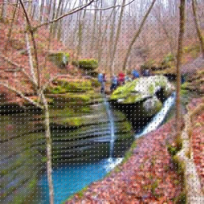 Hikers carefully work their way along the edge of Bear Creek, where water from recent rain gushes with great force through the deep rock slot.