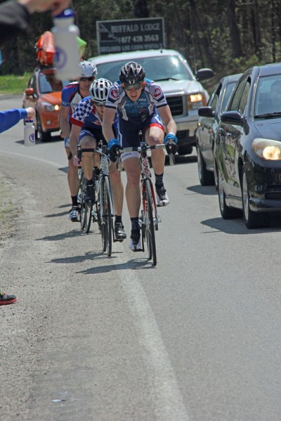 The author (2nd) and a couple others chasing the leaders near the Mt. Sherman feed zone. (photo by Mandy McCorkindale)