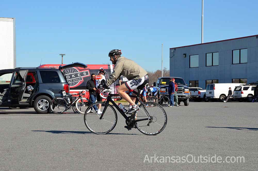 02-25-12_1170 Riders warmed up in the truck stop parking lot.