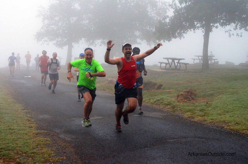 2012-08-25MtNebo0065-L Runners emerged from the fog at Sunrise Point.