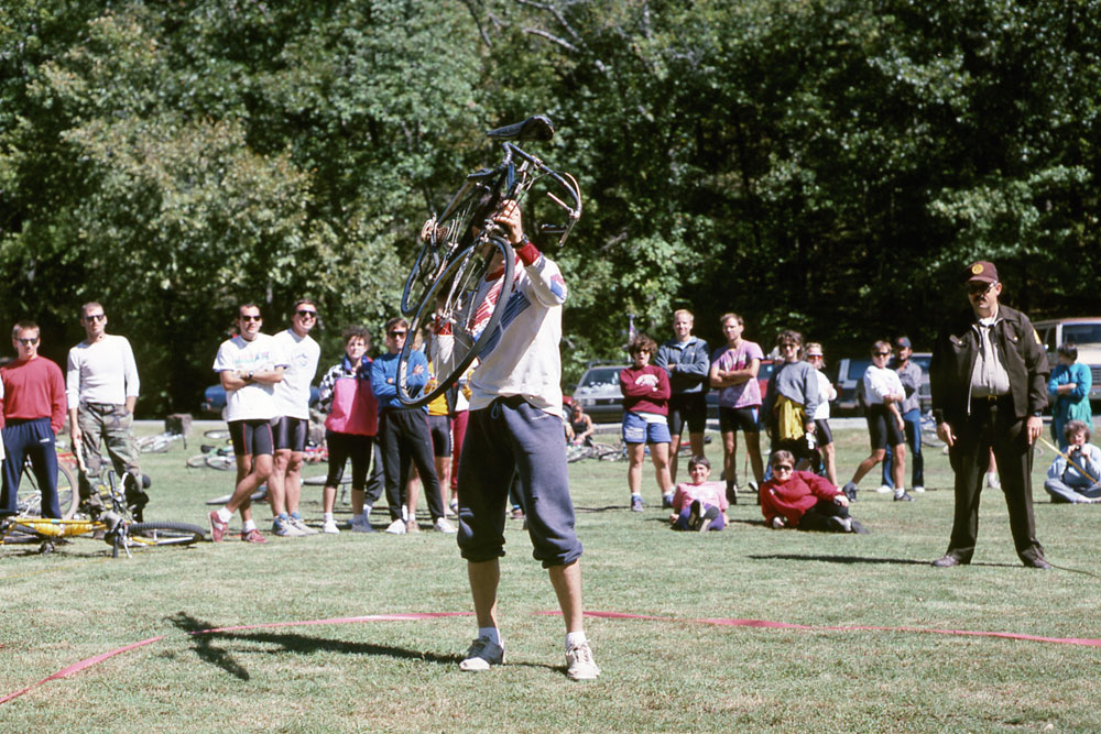 A popular event at many mountain bike festivals is the bike or "Huffy" toss.