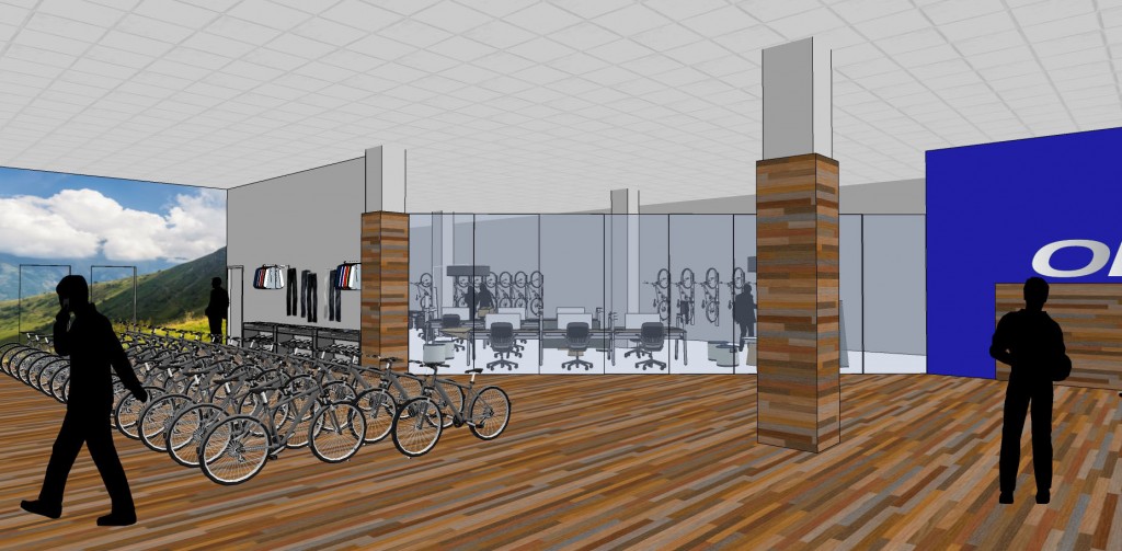 From the retail area, the wholesale offices can be seen behind the glass wall.