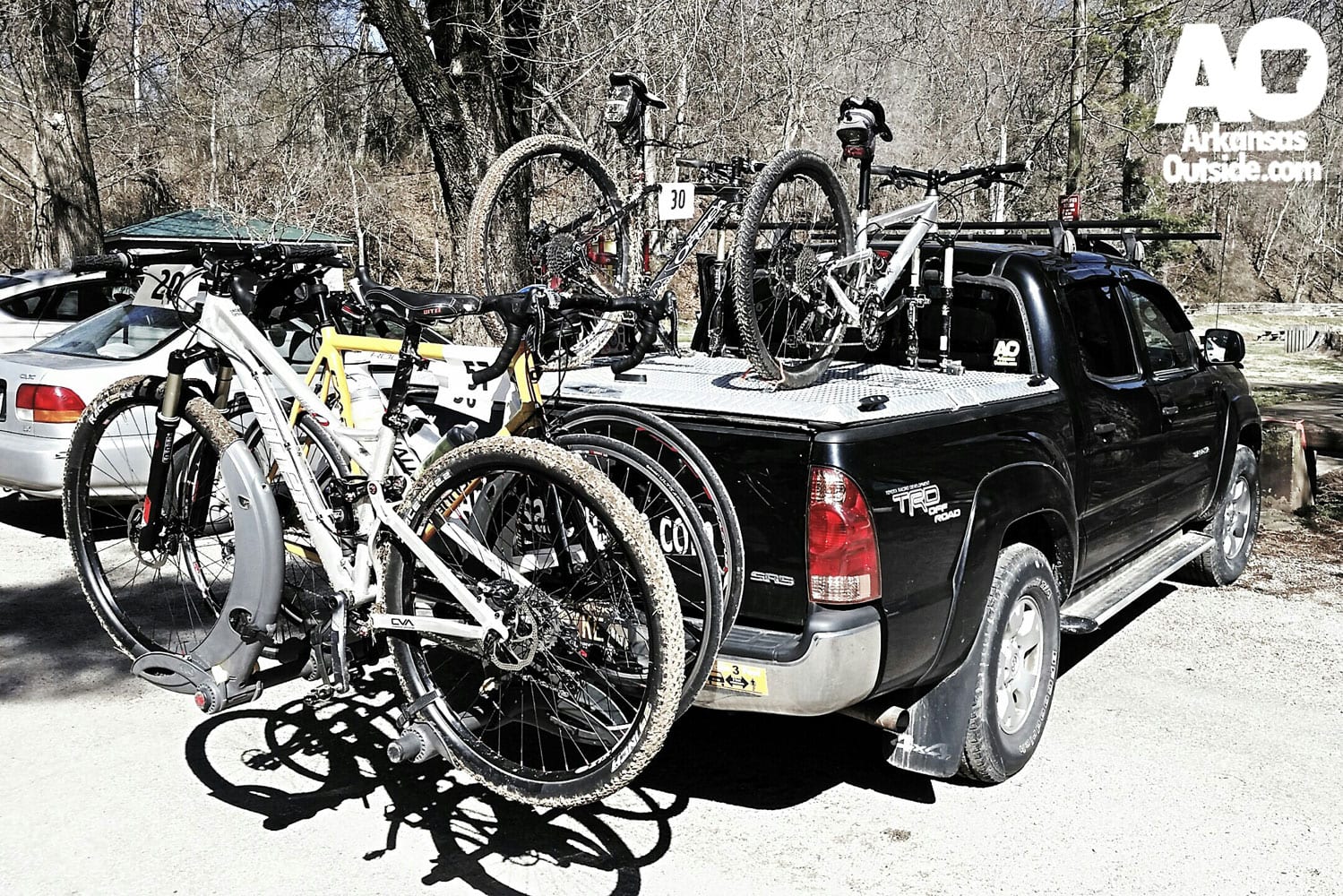 The mobile office, covered in bikes.