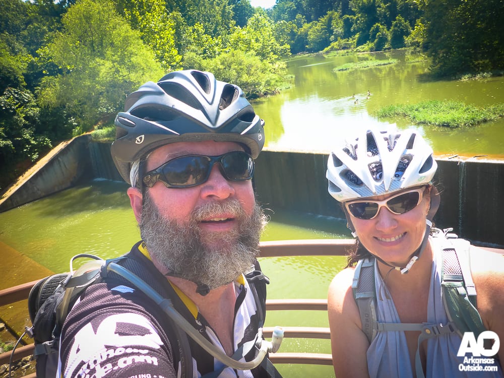 Taking a pause at the Lake Fayetteville spillway. Lots of sunlight, lots of algae, lots of green.